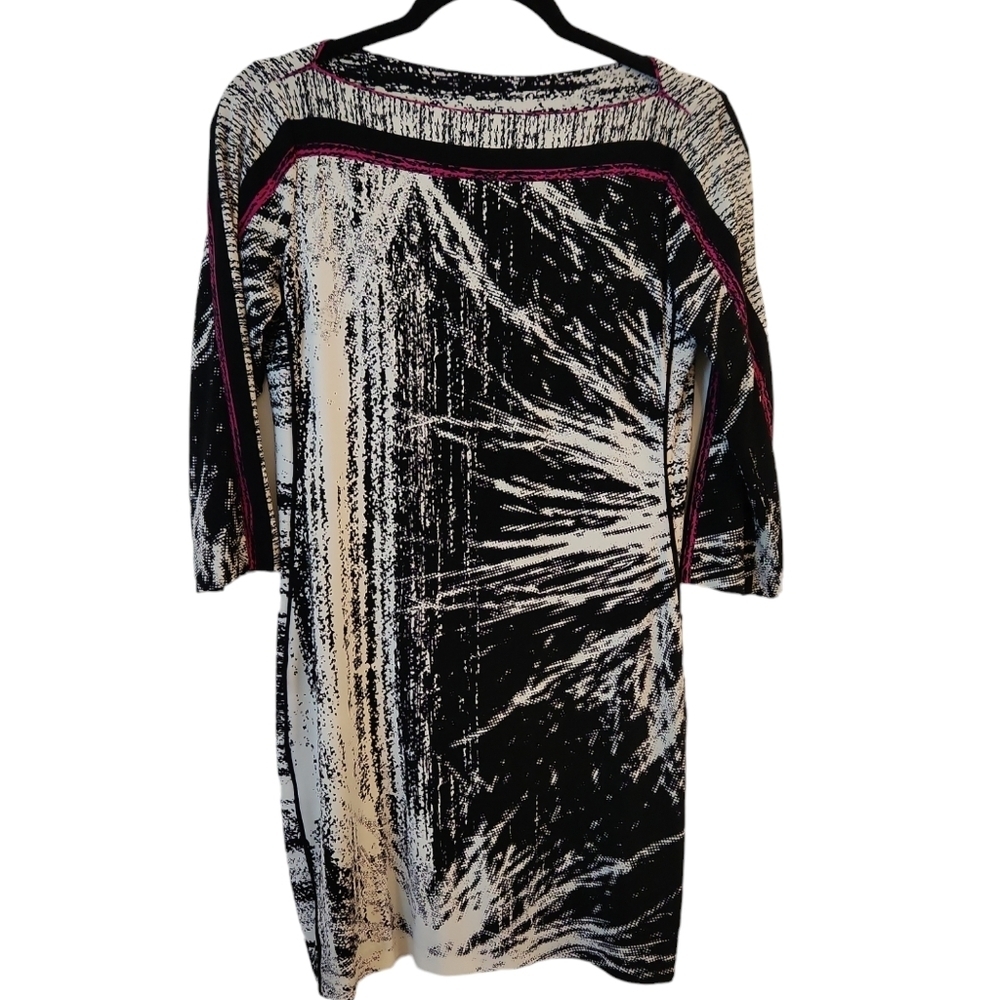Bloomingdale's Chequer 3/4 Sleeve Black/White and Pink Detail Dress Size 4